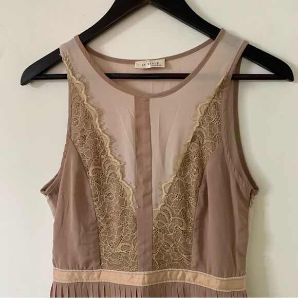 In‎ Style Nude Lace Pleated Sleeveless Party Occasion Mini Dress - Picture 4 of 6